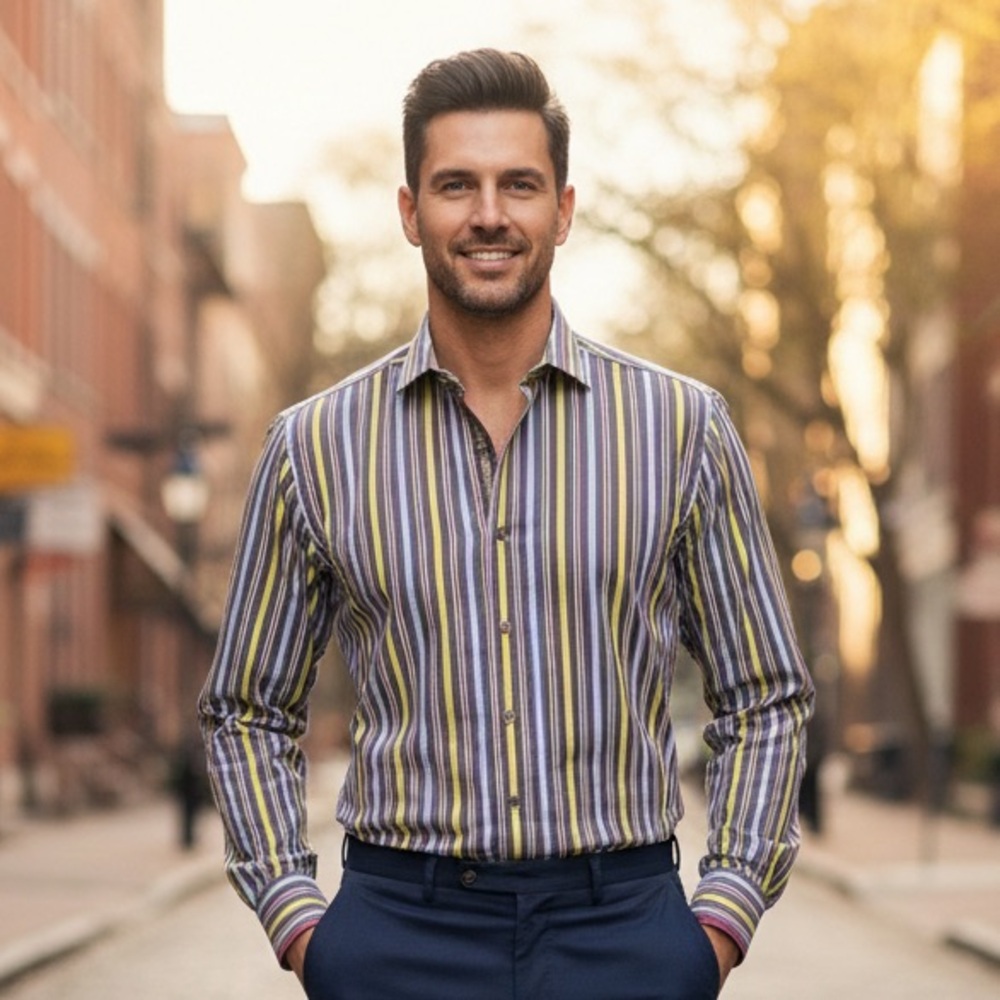 Robert Graham Colorful Striped Dress Shirt Grey Yellow Blue Button‎ Down Shirt